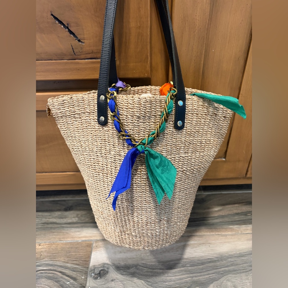 Clare V x Oui Want Soliel Straw Basket Tote with Leather Strap, Metal/Ribbon
